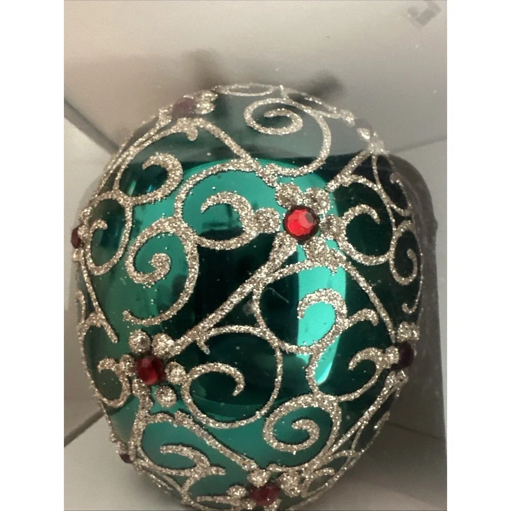 New DAGMARA Mouth Blown Glass FABERGE EGG Ornament Turquoise RUBY Bejeweled PL